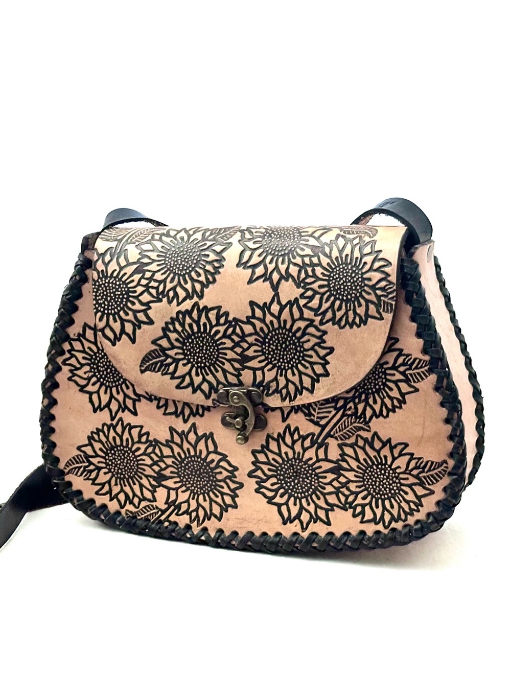 Artisan Sunflower Embossed Leather Crossbody Bag - Tan & Black